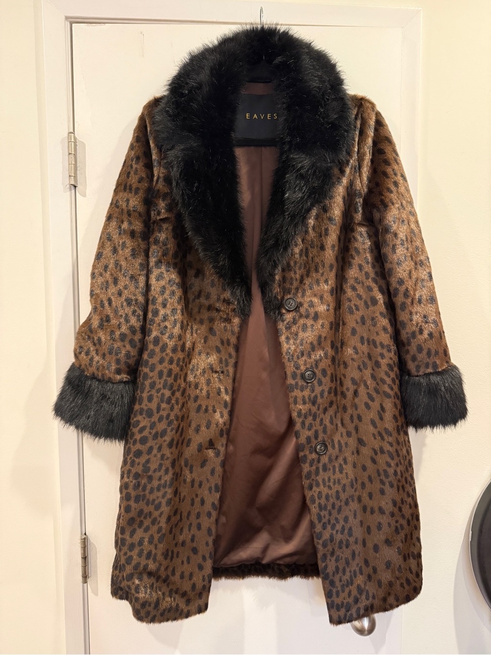 EAVES Brown Leopard-Print Faux Fur Trim Peacoat
